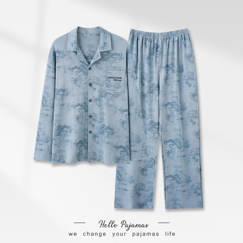 Pijamas de algodón para hombres primavera y otoño 2025 nuevo conjunto de ropa de hogar de manga larga suelta juvenil