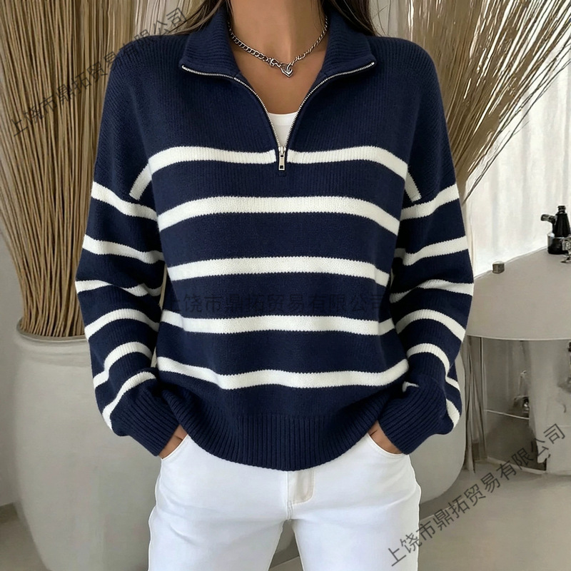 European and American cross-border autumn and winter retro half-zip striped casual style high-neck pullover faux sweater women's coat