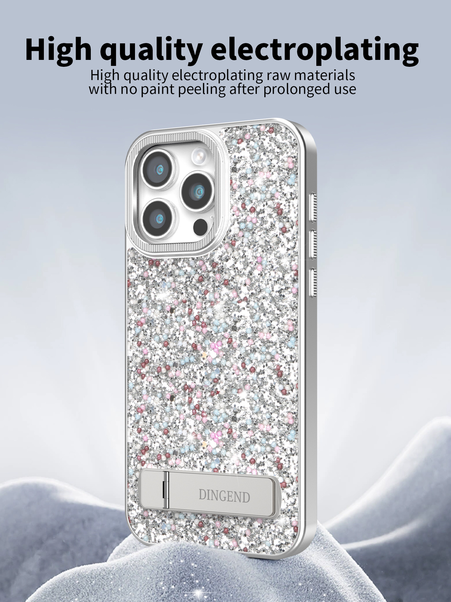 Ốp lưng iPhone đính đá sang trọng, chân đế kim cương, chống sốc viền dày cho 16 Pro Max / 15 / 14 Pro — Trắng đàn piano, Đen kinh điển, Màu vàng đậm chi tiết 6