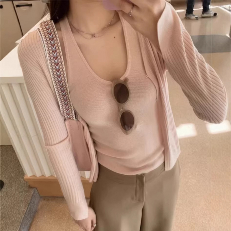 Ys Spring and Autumn New Style Gentle Camisole Cardigan Knitted Two-Piece Set for Women Long Sleeve Ribbed Slimming Sweater Set