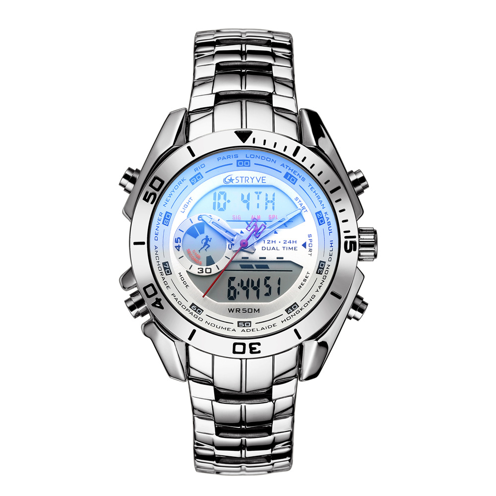 STRYVE reloj de negocios para hombre doble pantalla impermeable reloj electrónico de cuarzo para hombre reloj de acero inoxidable S8019