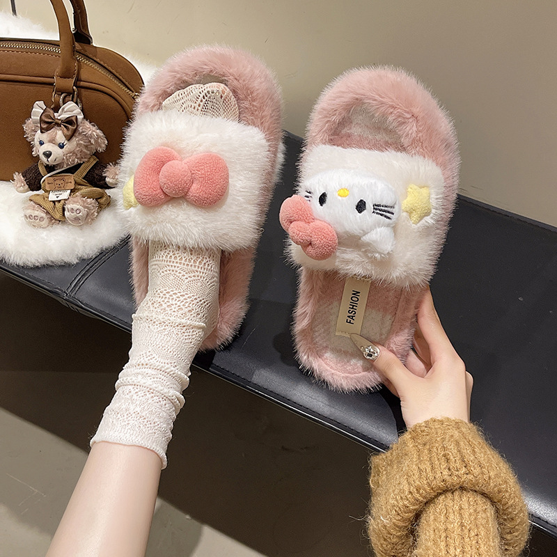 Coreana encantadora zapatillas de peluche de dibujos animados mujeres invierno / otoño gatos arco zapatillas caseras zapatillas de peluche caliente antideslizante
