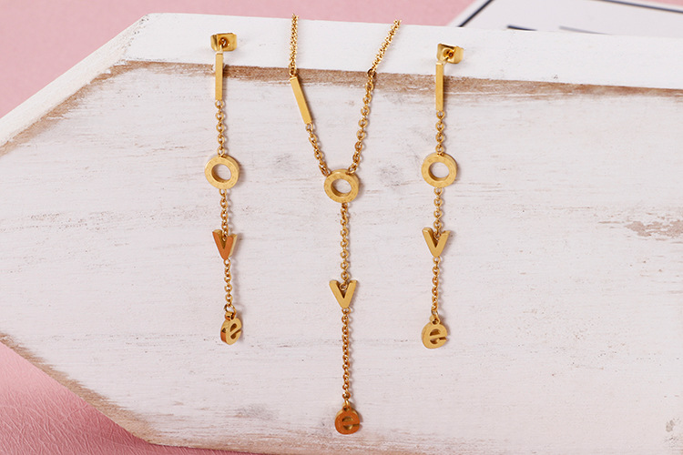 Korean fashion necklace earrings two-piece letter LOVE ladies stainless steel jewelry set