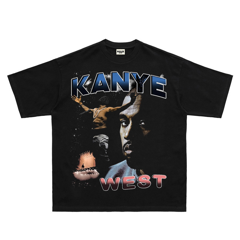 Kanye West Kanye Hip-Hop Hiphop Retro Portrait Vintage Short-Sleeved Rap T-Shirt Loose Rap Te