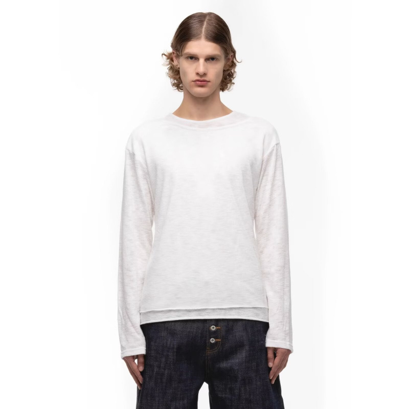 2026 Spring and Autumn New Men's Korean Style Fake Two-Piece Long Sleeve Design Henley Slimming High Street White Simple T-Shirt