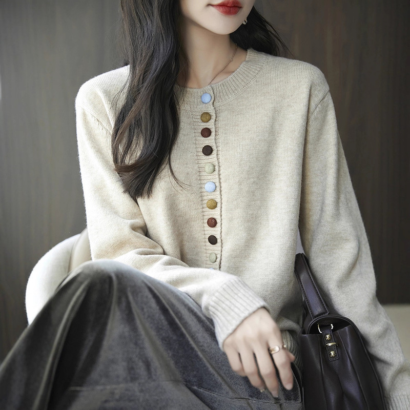 圆领毛衣开衫外套女秋季女装彩色扣子撞色文艺范宽松百搭针织上衣|undefined