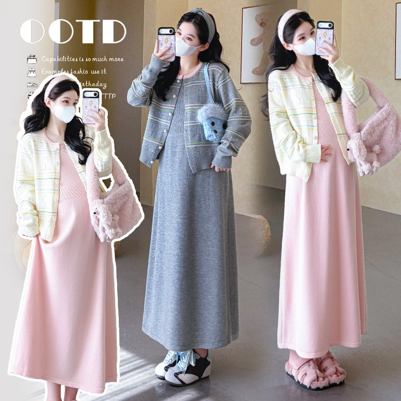 Maternity wear autumn new style sweet loose striped cardigan jacket mid-length vest dress trendy mom two-piece set Maternity wear autumn new style sweet loose striped cardigan jacket mid-length vest dress trendy mom two-piece set