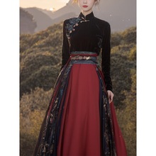 新中式女装红色拼接马面裙套装秋冬新款国风丝绒改良龙年汉服套装