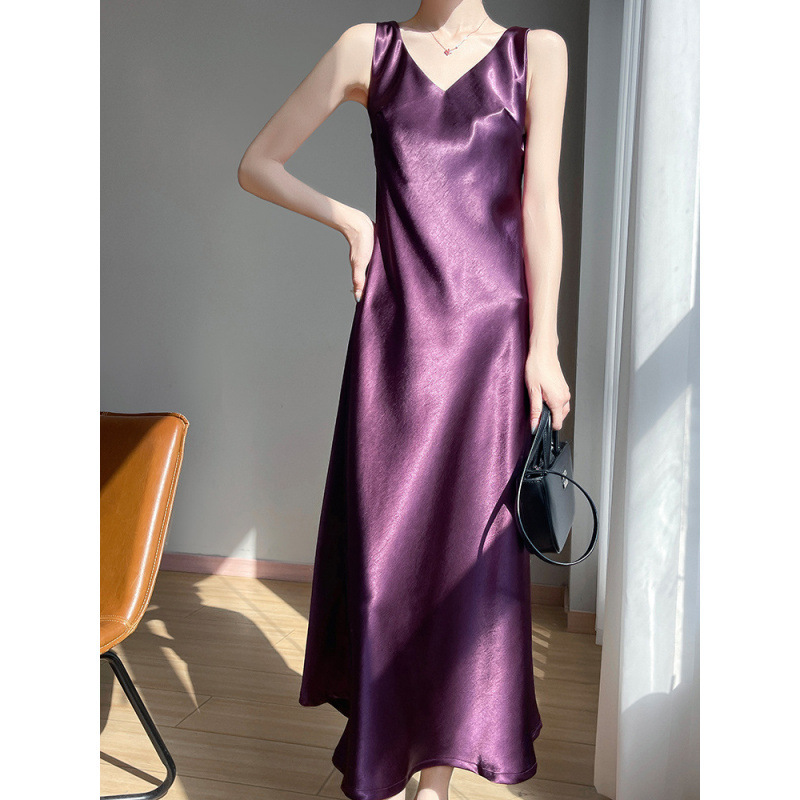 French-Style Sleeveless Tank Dress with V-Neck, Gold Satin Draped Base, Long Slip Dress for Women, Summer High-End Feel