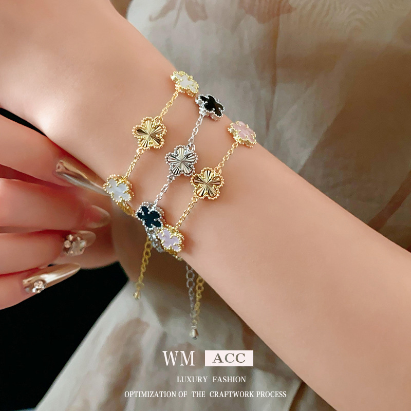 Pulsera de flor de cinco pétalos con galvanoplastia de oro real de 14K, pulsera de moda exquisita y versátil, joyería de lujo ligera de nicho para mujer