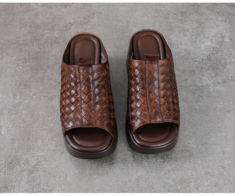 Sandal nữ da bò thật đế xuồng cao gót mũi hở kiểu dệt — màu nâu chi tiết 14