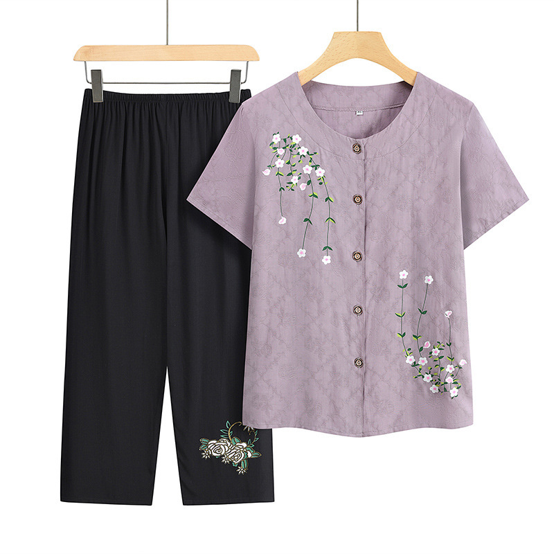 Two-piece Loose Middle-aged and Elderly Mother Summer Round Neck Printed Women's Short-sleeved Cardigan Casual Clothes for Elderly Women