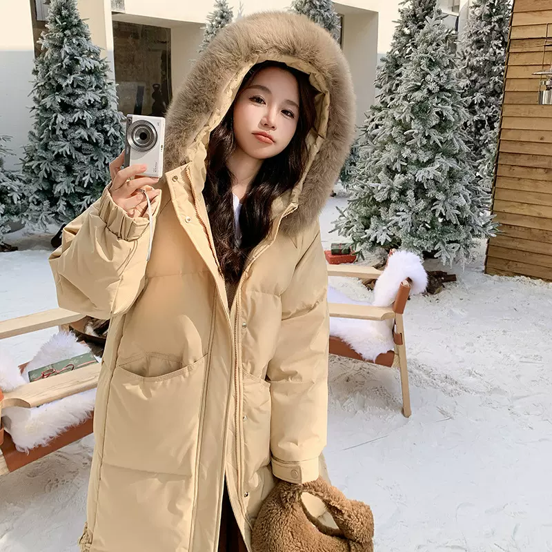 羽绒服女2025新款90白鸭绒大毛领连帽洋气加厚中长款过膝冬装外套