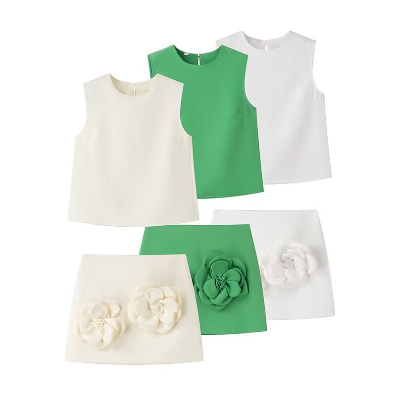 2024 European and American style spring women's clothing new sleeveless top skirt two-piece set 1802