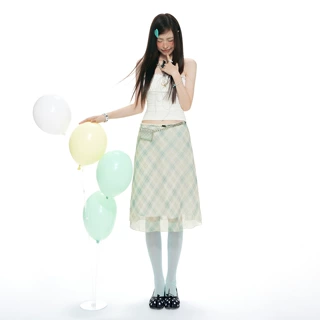 稚橘#蕾丝拼接系带吊带背心女修身显瘦遮肉百搭格子雪纺半身裙