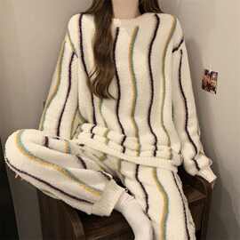 秋冬款可爱睡衣女生半边绒两件套装圆开衫加厚保暖加绒休闲家居服