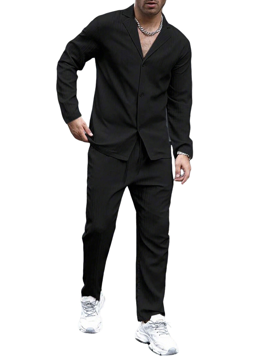 Nuevo transfronterizo de verano para hombres nuevo color sólido de mangas cortas camisa de mangas largas pantalones largos sueltos traje casual