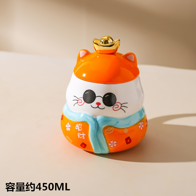 Taza de cerámica de estilo japonés creativo gato afortunado taza de dibujos animados lindo taza de agua de pareja con tapa cuchara taza de café de regalo