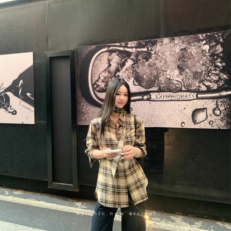 Xzichic英伦风格纹衬衫秋季新款面料长袖衬衣飘带上衣女|undefined