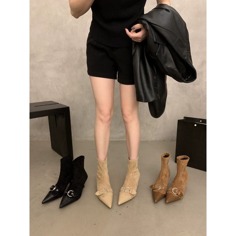 Французский котенок с острыми наконечными тощие короткие сапоги женские туфли 2024 новый ретро темперамент на каблуке весной и осенью одиночные сапоги