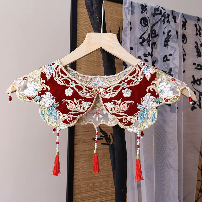Hanfu for adults, children's false collar, trench coat, cloak, accessory with tassels, vest, Chinese style, with embroidery