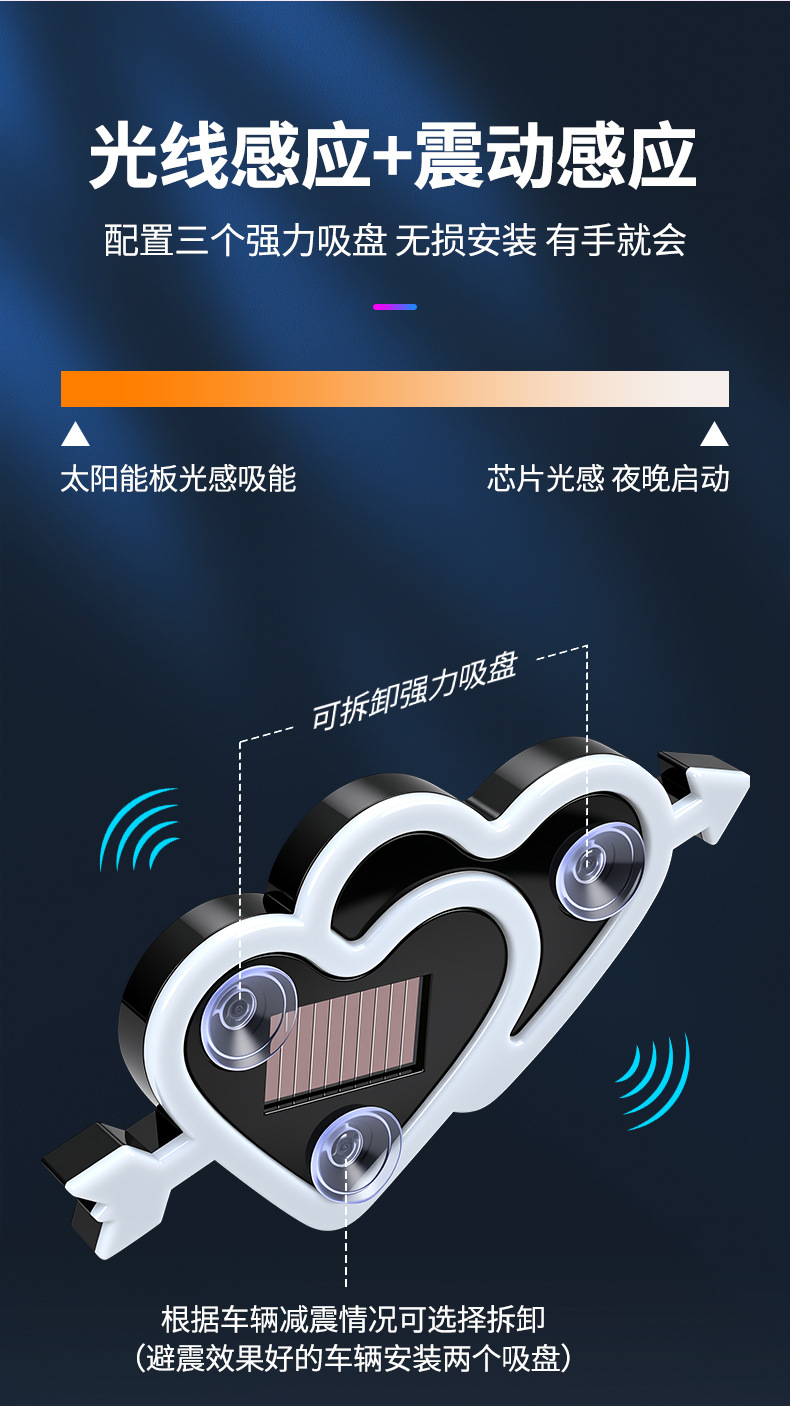 Car Heart-Shaped Light, Solar Decorative Light, Led Warning Light, Triangular Window Rear Window Car-Mounted Fun and Cute Atmosphere Light