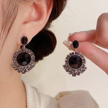 复古高级感气质时尚黑色水晶耳坠s925银针小众设计感精致网红耳环