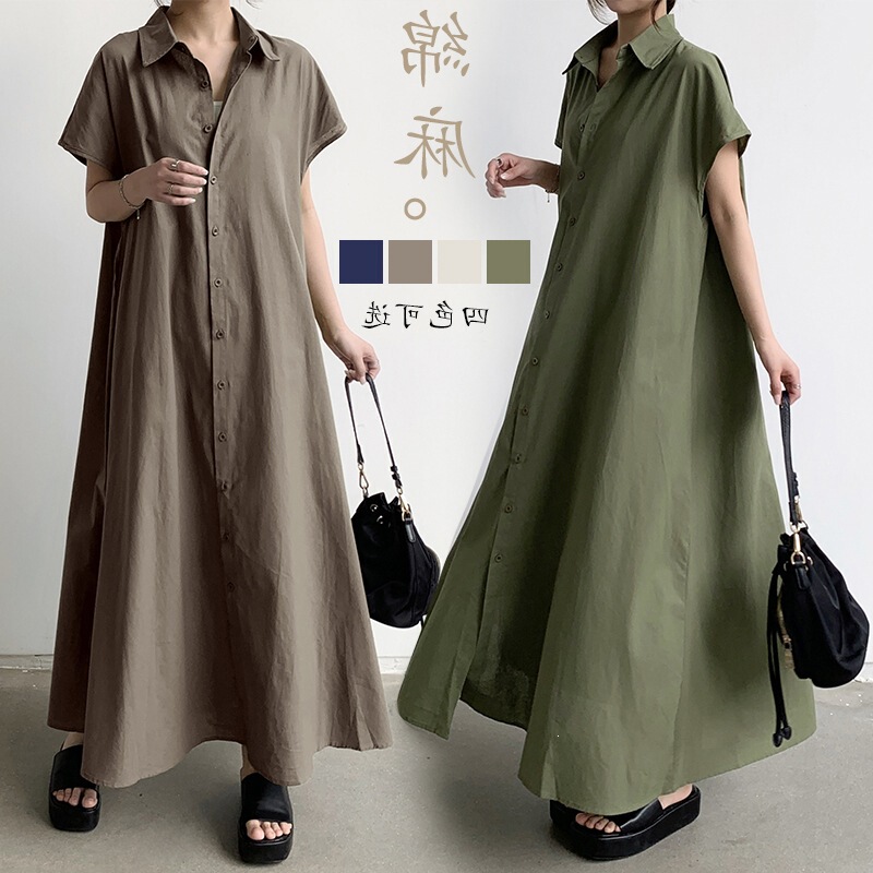 Real Shot of Short-Sleeve Casual Shirt Dress for Women, Turn-Down Collar, Japanese Style Pullover, Korean Cotton-Linen Dress, Loose Fit, Army Green Real Shot of Short-Sleeve Casual Shirt Dress for Women, Turn-Down Collar, Japanese Style Pullover, Korean Cotton-Linen Dress, Loose Fit, Army Green