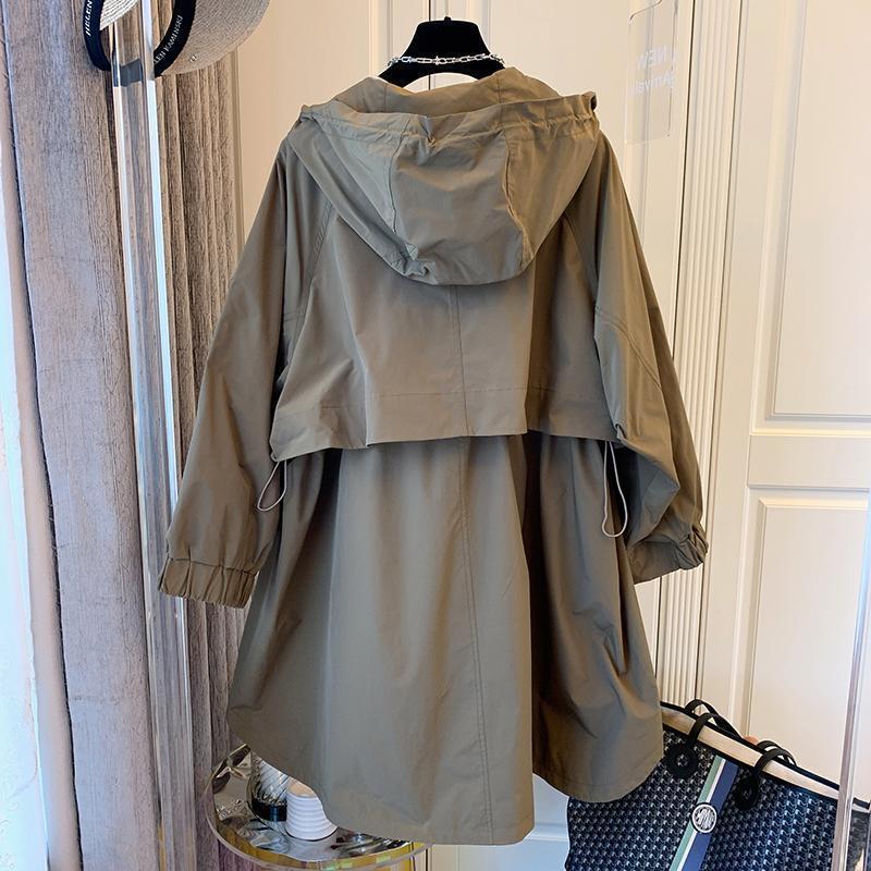 Designer Niche Versatile Loose Casual Cocoon Double Pocket Spliced Hooded Mid-Length Trench Coat for Women Spring and Autumn