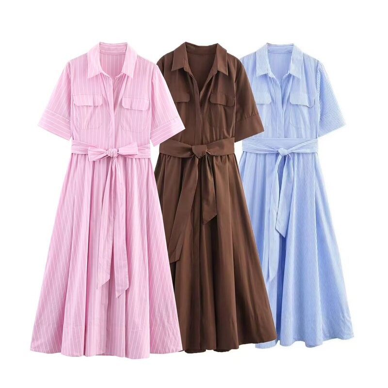 Pb&Za Women's 2025 Summer New Style Youthful Age-Reducing Belted Poplin Shirt Dress 2640596