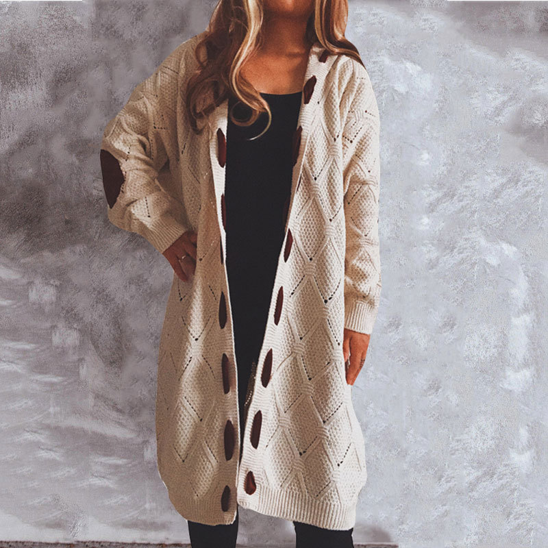 Thick Suede Stitching Knitted Long Hooded Sweater Cardigan NSSX104244