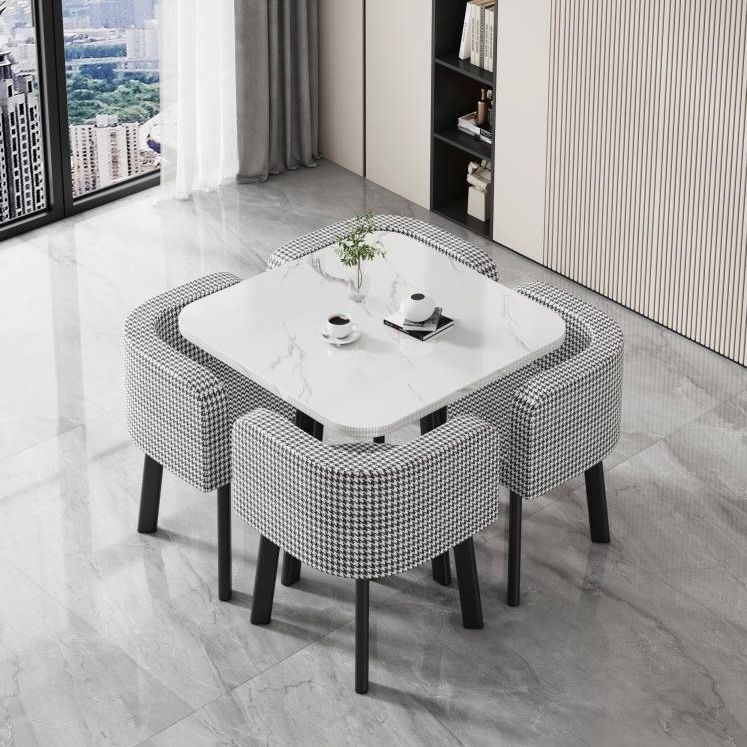 White square table + four houndstooth cloth chairs
