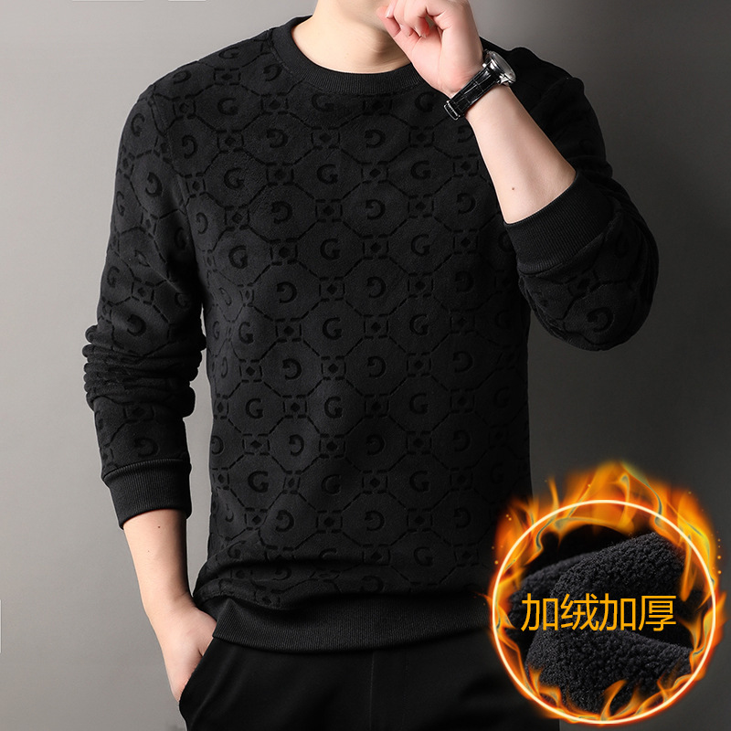 Men's Fleece Hoodie For Autumn And Winter, Simple And Versatile, Loose Round-Neck Thickened T-Shirt For Middle-Aged And_voghion.com