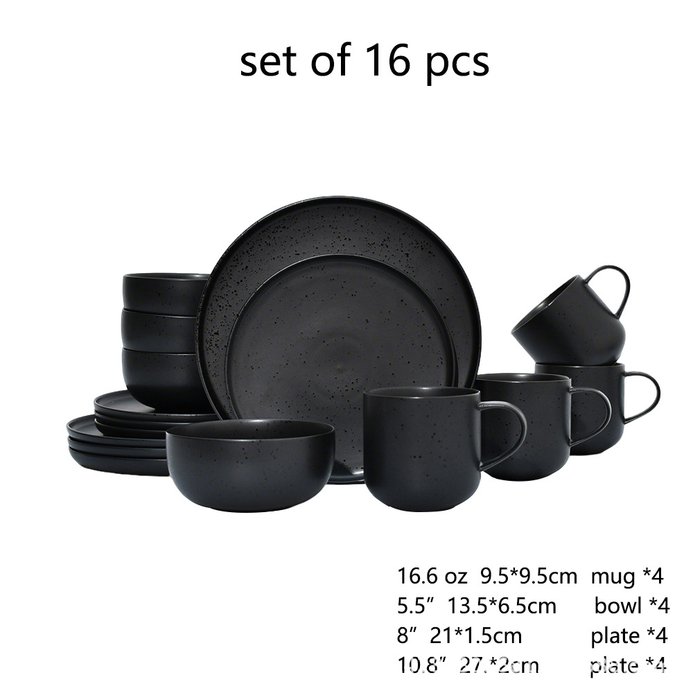 Ceramic black plates bowl dinnerware Set of 4 set de 16 piezas