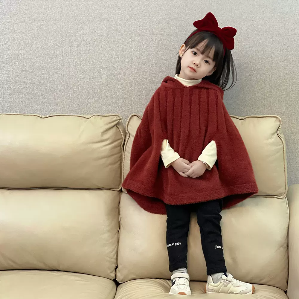 不退换原价56 秋冬女童宝宝仿貂绒红色毛线斗篷儿童披风洋气
