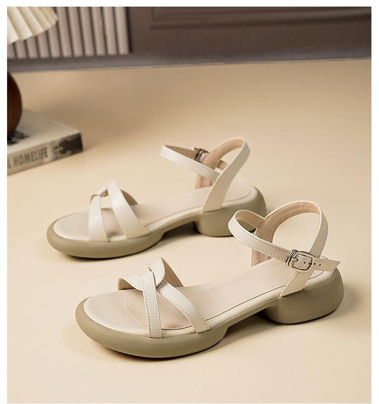 Sandal nữ đế bằng da thật quai chữ V mùa hè chống trượt — Màu đen chi tiết 21