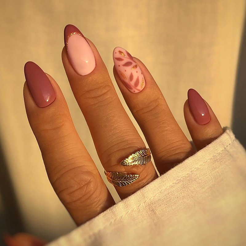 French-Style Burgundy Almond Manicure Press-On Nails Xiaohongshu Simple Leaf Nail Stickers Nail Patches