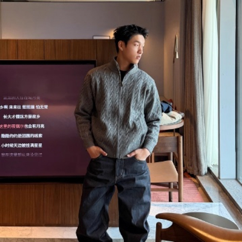 Auticup Autumn and Winter Cable Knit Thick Cardigan with Embossed Twist Pattern, Stand Collar Sweater, Warm, Solid Color, Heavy Weight