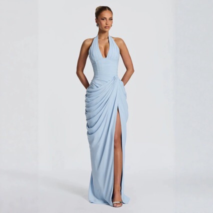 European and American Style 2026 Halter Neck Deep V-Neck Front Pleated Long Gown Elegant Diagonal Pleated Slit Bodycon Evening Dress