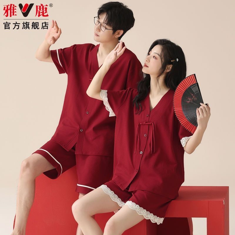 【送料無料】Yalu 新婚夫婦パジャマ 夏 純綿 半袖 薄手 赤 干支年 男女兼用|undefined