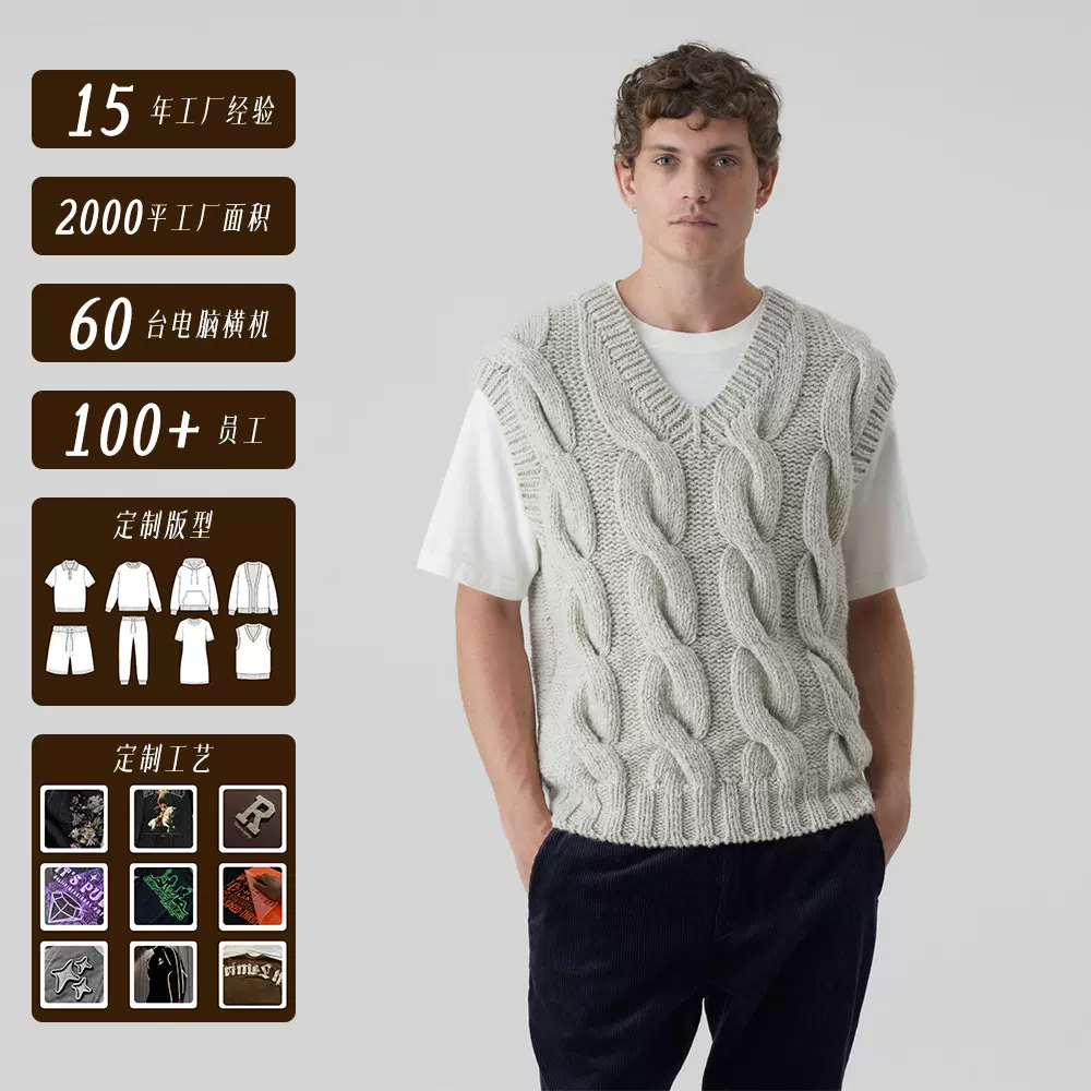 纱美特源头工厂来图定制复古麻花纯色毛衣V领学院风羊毛针织衫男