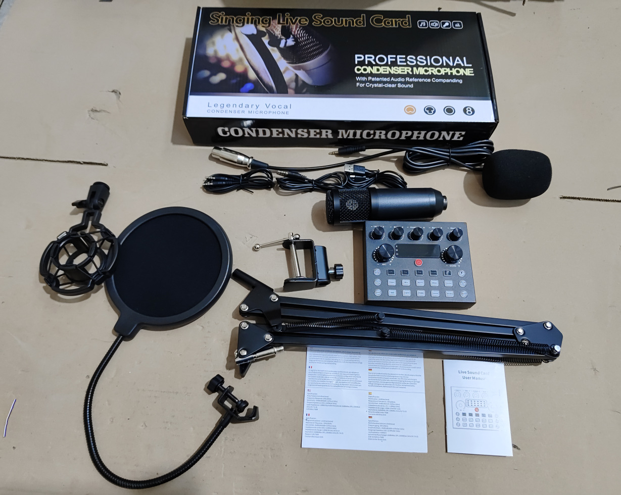 플라스틱 블랙 BM800 마이크 + V8S 사운드 카드 + 암 스탠드 세트