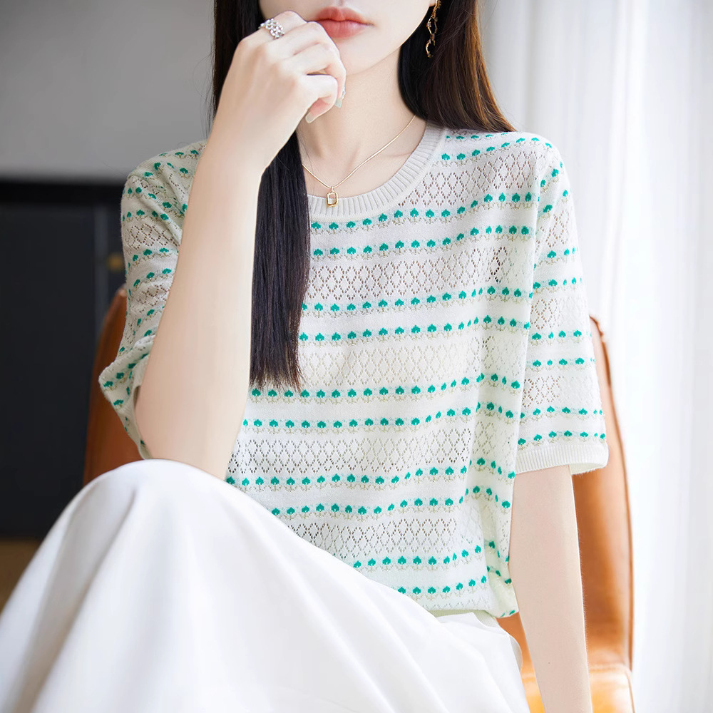 2025夏季莱赛尔镂空条纹短袖T恤女薄款透气天丝凉感t恤小衫上衣新