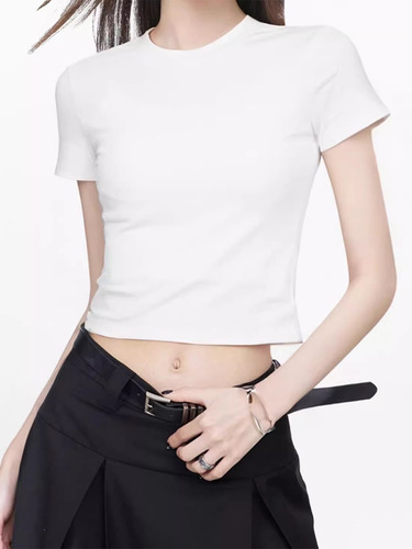 230g American Retro Full Shoulder Short Sleeve T-shirt Summer Spice Girl High-Waist Slimming Crop Top Women's Short Blouse