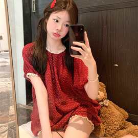 温柔枯萎感慵懒碎花蕾丝花边领家居服短袖短裤透气棉纱睡衣套装女