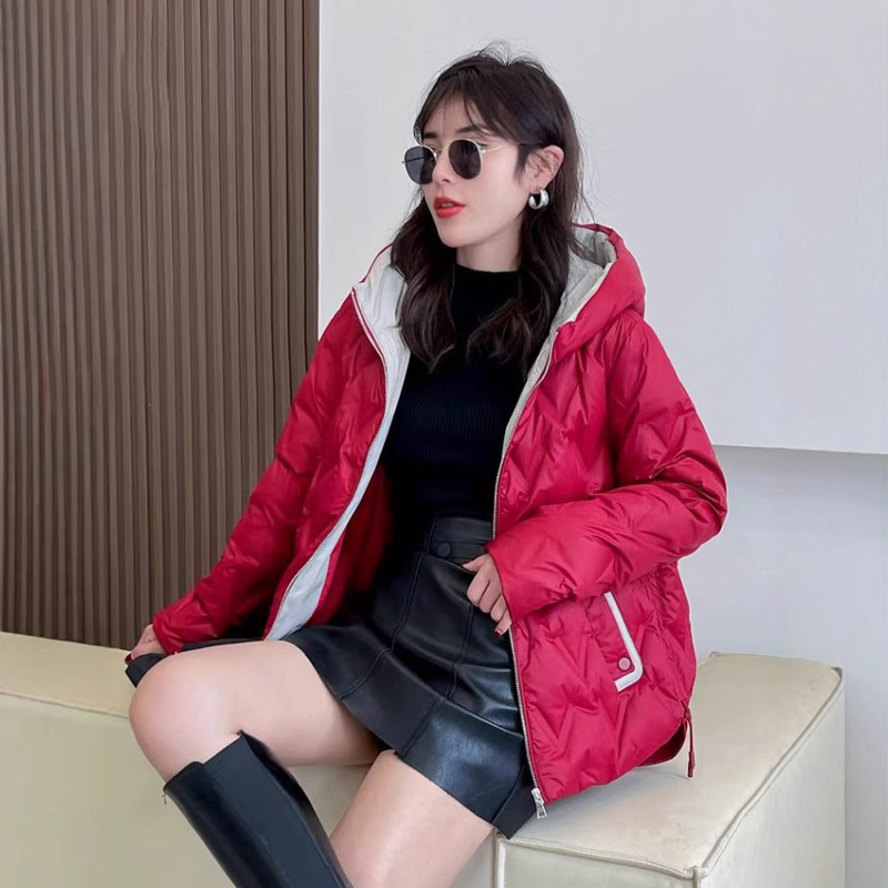 跨境秋冬新款羽绒服女短款保暖白鸭绒菱格时尚连帽韩版休闲外套潮|undefined