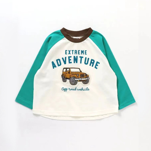  Fall Children's Embroidered Hamburger Panda Pattern Drop Shoulder Round Neck Long Sleeve T-Shirt