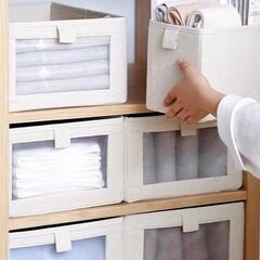 Transparent-window cotton-linen wardrobe organizer, large-sized clothing storage box, foldable household underwear storage box.