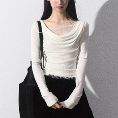 OAKMO/「Quiet Context」レースニットスイングカラーボトリングシャツ フェイクツーピースインナー純粋な欲望スリムフィットトップ