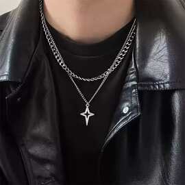 欧美风双层十字架项链个性男星星时尚百搭配饰小众嘻哈多层毛衣链